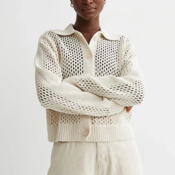 Mesh Crochet Loose Knit Cream Button Cardigan - Picture 2 of 10